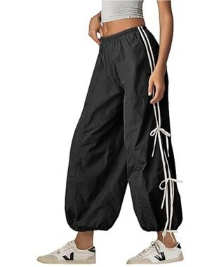 NWT Women’s Black Parachute Track Pants with White Side Stripes & Bow Ties XXL